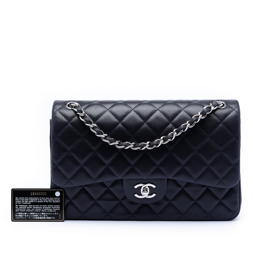 Second hand Chanel Classic Double Flap Jumbo Matelassè Caviar Leather Flap Handbag Blue - Tabita Bags