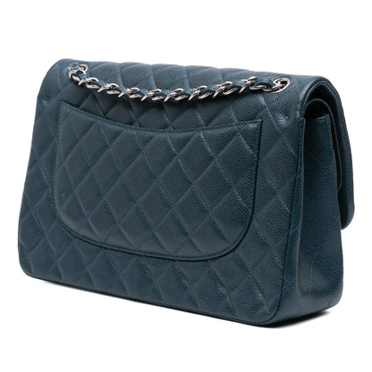 Second hand Chanel Classic Double Flap Jumbo Matelassè Caviar Leather Flap Handbag Blue - Tabita Bags