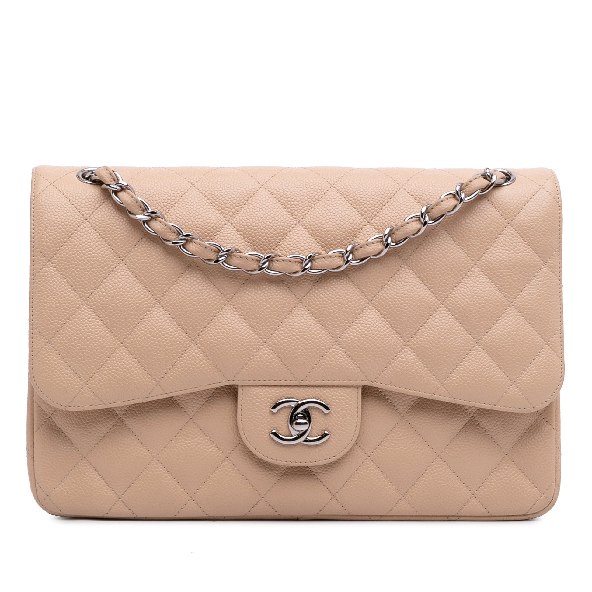 Second hand Chanel Classic Double Flap Jumbo Matelassè Caviar Leather Flap Handbag Brown - Tabita Bags