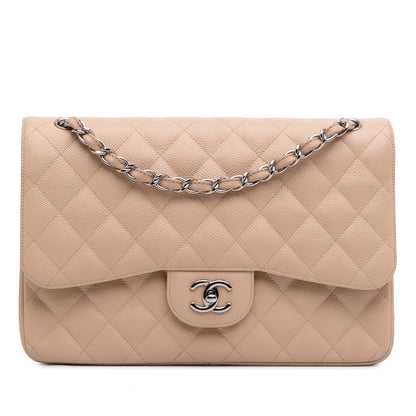 Second hand Chanel Classic Double Flap Jumbo Matelassè Caviar Leather Flap Handbag Brown - Tabita Bags