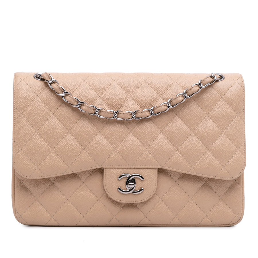 Second hand Chanel Classic Double Flap Jumbo Matelassè Caviar Leather Flap Handbag Brown - Tabita Bags