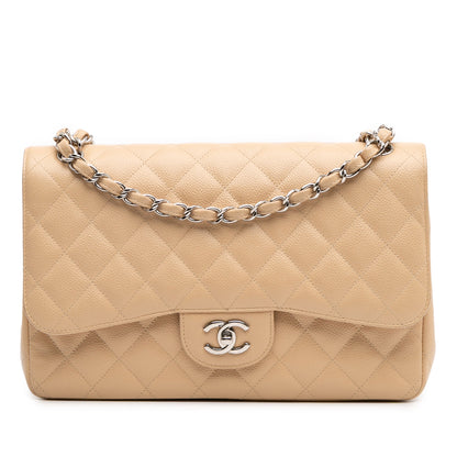 Second hand Chanel Classic Double Flap Jumbo Matelassè Caviar Leather Flap Handbag Brown - Tabita Bags