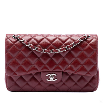 Second hand Chanel Classic Double Flap Jumbo Matelassè Caviar Leather Flap Handbag Red - Tabita Bags