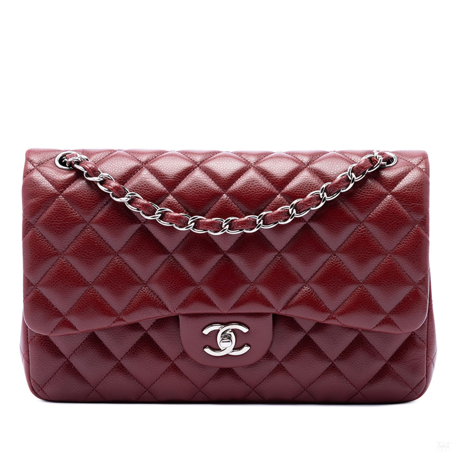 Second hand Chanel Classic Double Flap Jumbo Matelassè Caviar Leather Flap Handbag Red - Tabita Bags