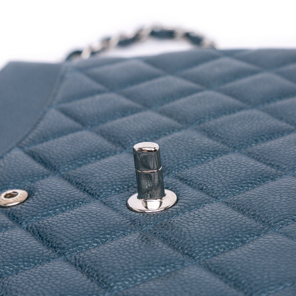 Second hand Chanel Classic Double Flap Jumbo Matelassè Caviar Leather Handbag Blue - Tabita Bags