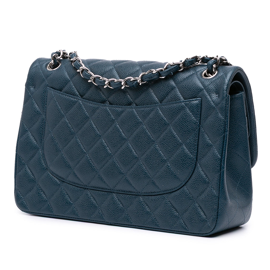 Second hand Chanel Classic Double Flap Jumbo Matelassè Caviar Leather Handbag Blue - Tabita Bags