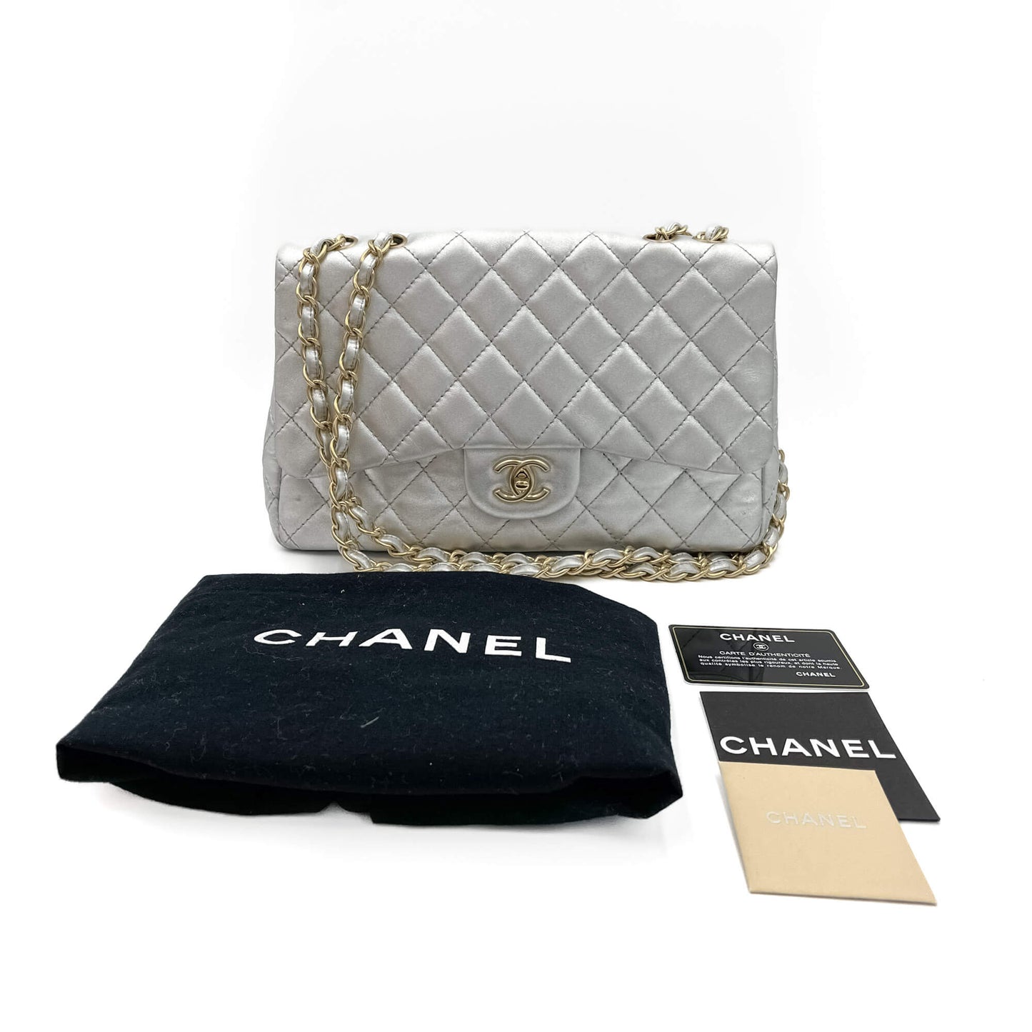 Second hand Chanel Classic Double Flap Jumbo Matelassè Lambskin Leather Flap Bag Metallic Silver - Tabita Bags