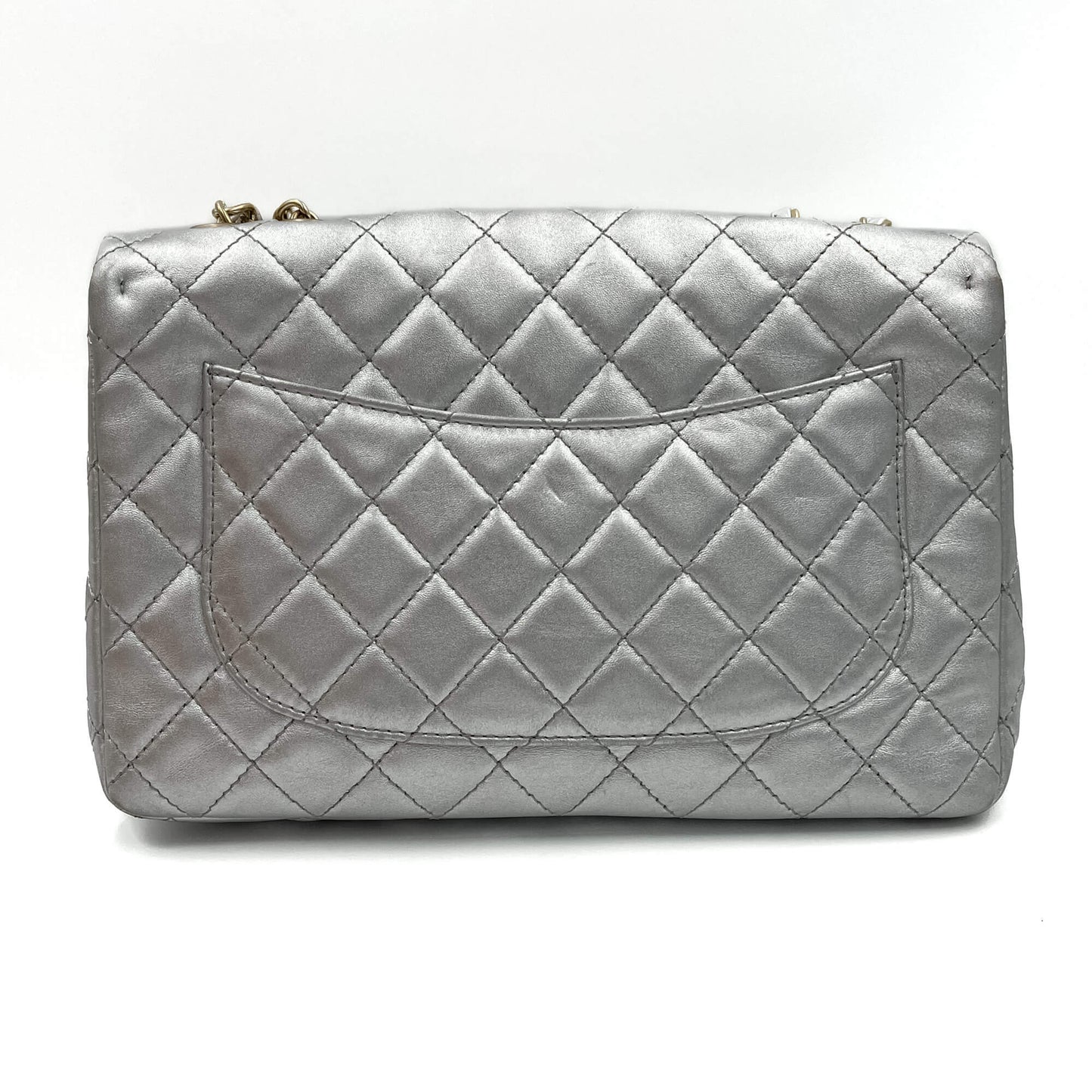 Second hand Chanel Classic Double Flap Jumbo Matelassè Lambskin Leather Flap Bag Metallic Silver - Tabita Bags