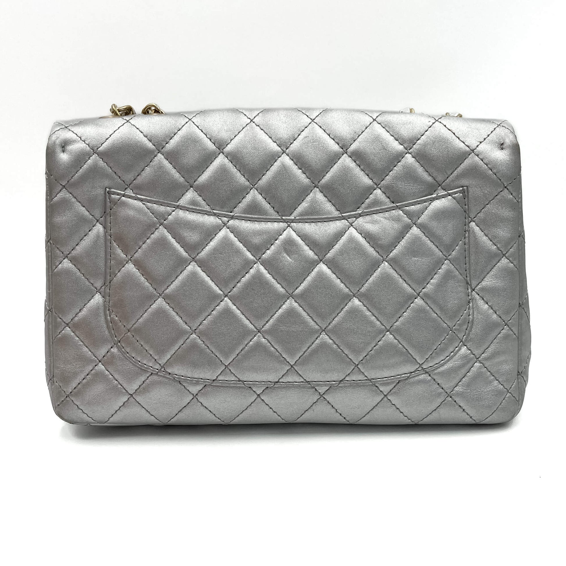 Second hand Chanel Classic Double Flap Jumbo Matelassè Lambskin Leather Flap Bag Metallic Silver - Tabita Bags