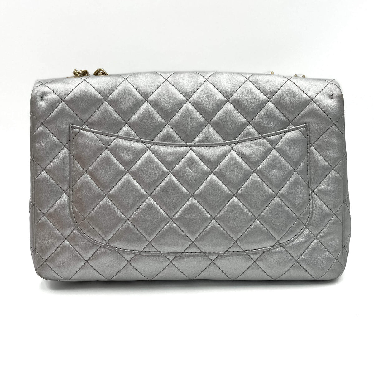 Second hand Chanel Classic Double Flap Jumbo Matelassè Lambskin Leather Flap Bag Metallic Silver - Tabita Bags