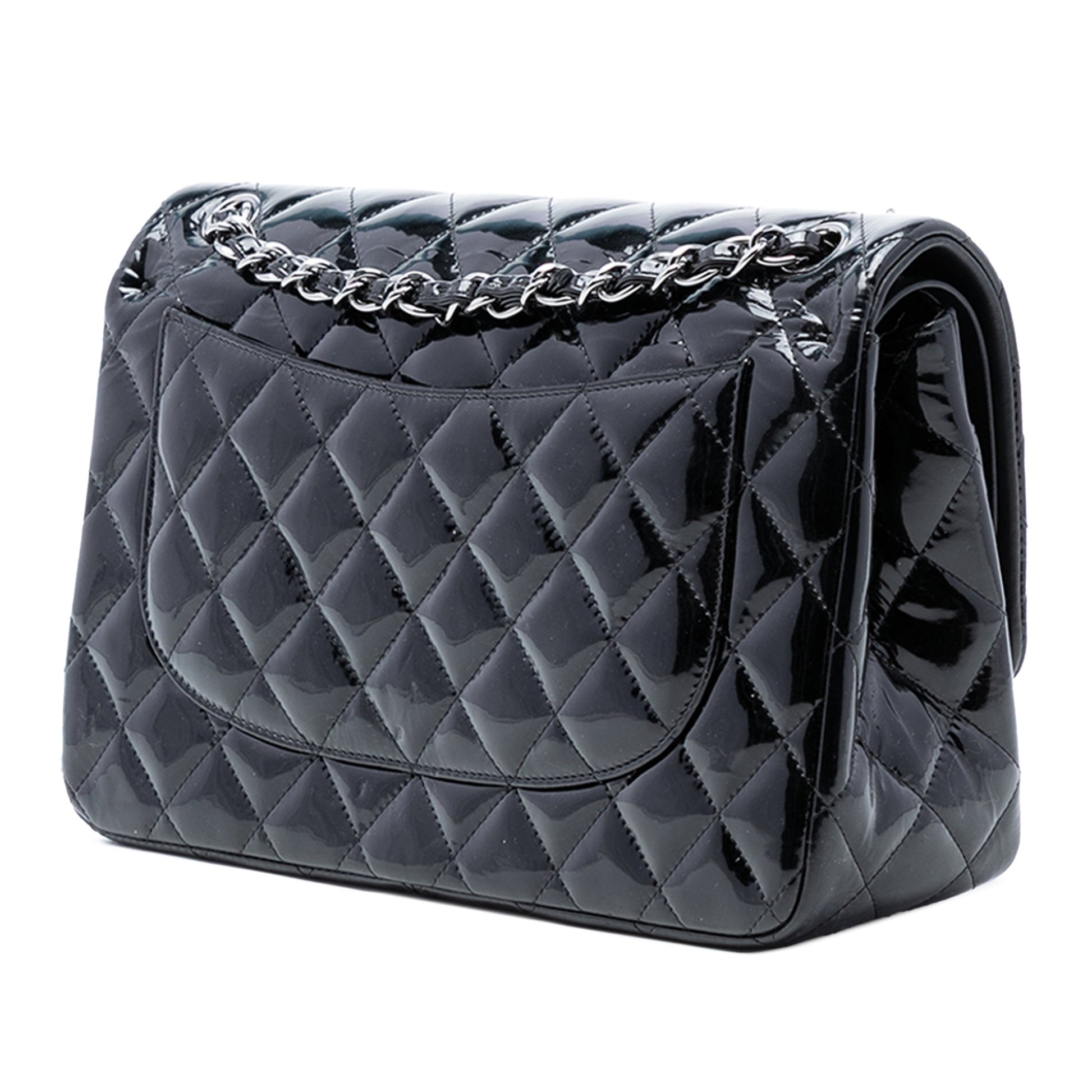 Second hand Chanel Classic Double Flap Jumbo Patent Leather Matelassè Handbag Black - Tabita Bags