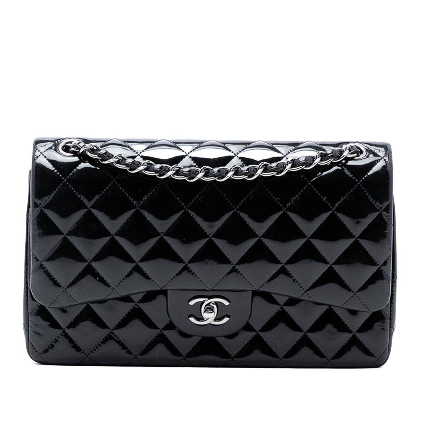 Second hand Chanel Classic Double Flap Jumbo Patent Leather Matelassè Handbag Black - Tabita Bags