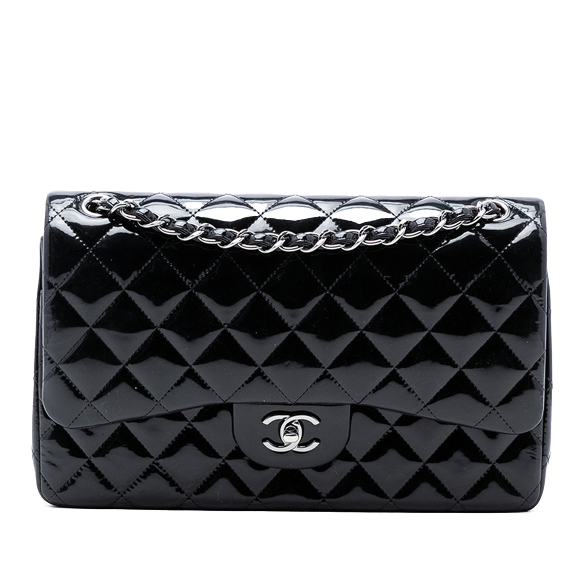 Second hand Chanel Classic Double Flap Jumbo Patent Leather Matelassè Handbag Black - Tabita Bags