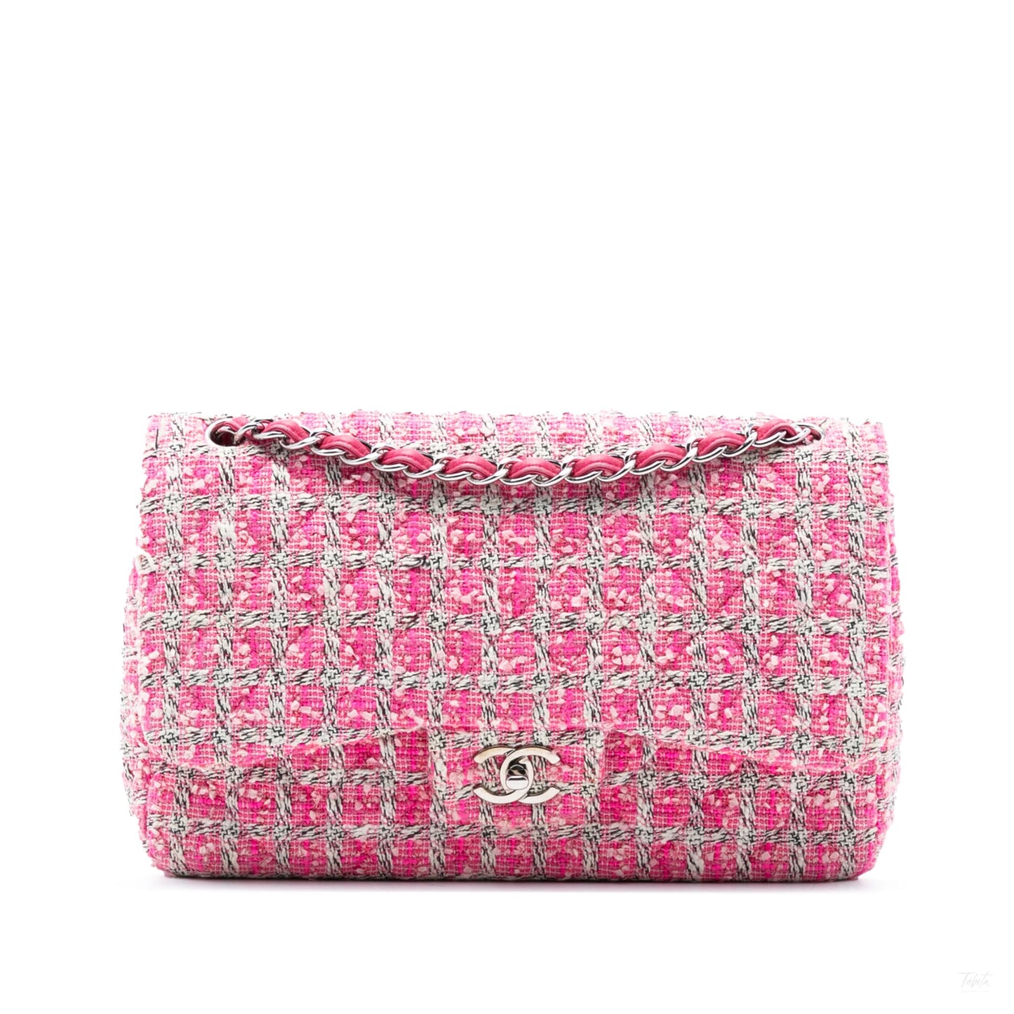 Second hand Chanel Classic Double Flap Jumbo Tweed Handbag Pink - Tabita Bags