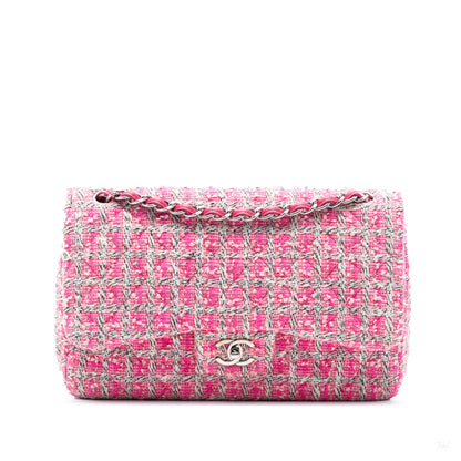 Second hand Chanel Classic Double Flap Jumbo Tweed Handbag Pink - Tabita Bags