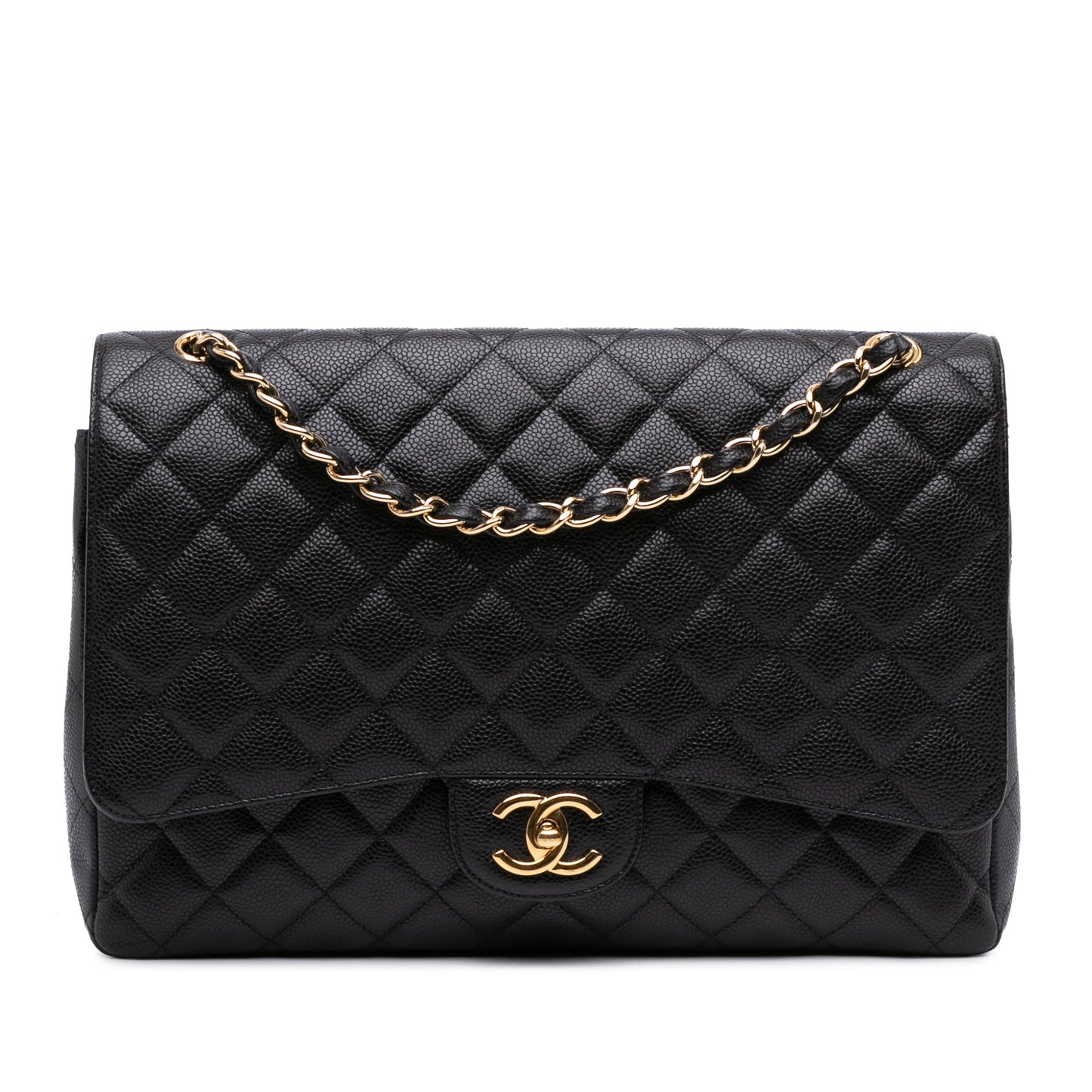 Second hand Chanel Classic Double Flap Maxi Caviar Leather Quilted Shoulder Bag Black - Tabita Bags