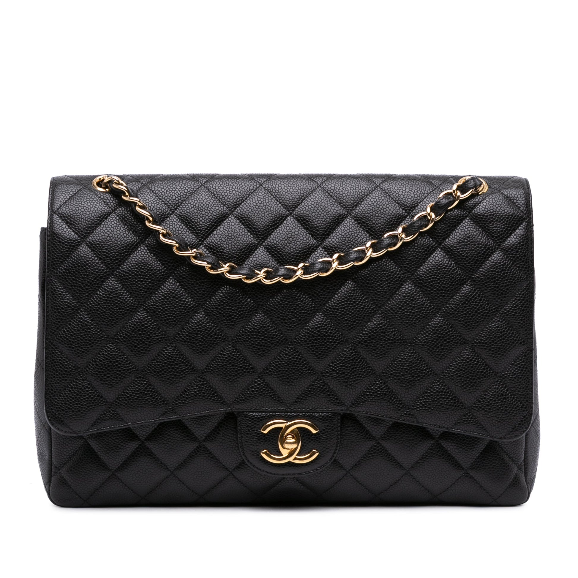 Second hand Chanel Classic Double Flap Maxi Caviar Leather Quilted Shoulder Bag Black - Tabita Bags
