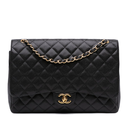 Second hand Chanel Classic Double Flap Maxi Caviar Leather Quilted Shoulder Bag Black - Tabita Bags