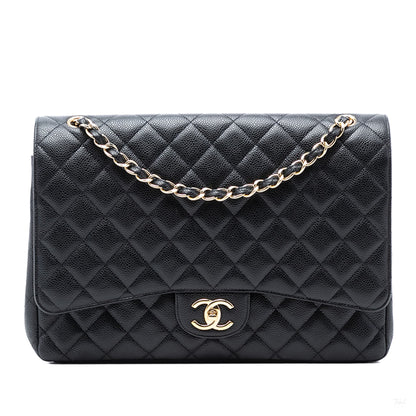 Second hand Chanel Classic Double Flap Maxi Caviar Leather Quilted Shoulder Bag Black - Tabita Bags