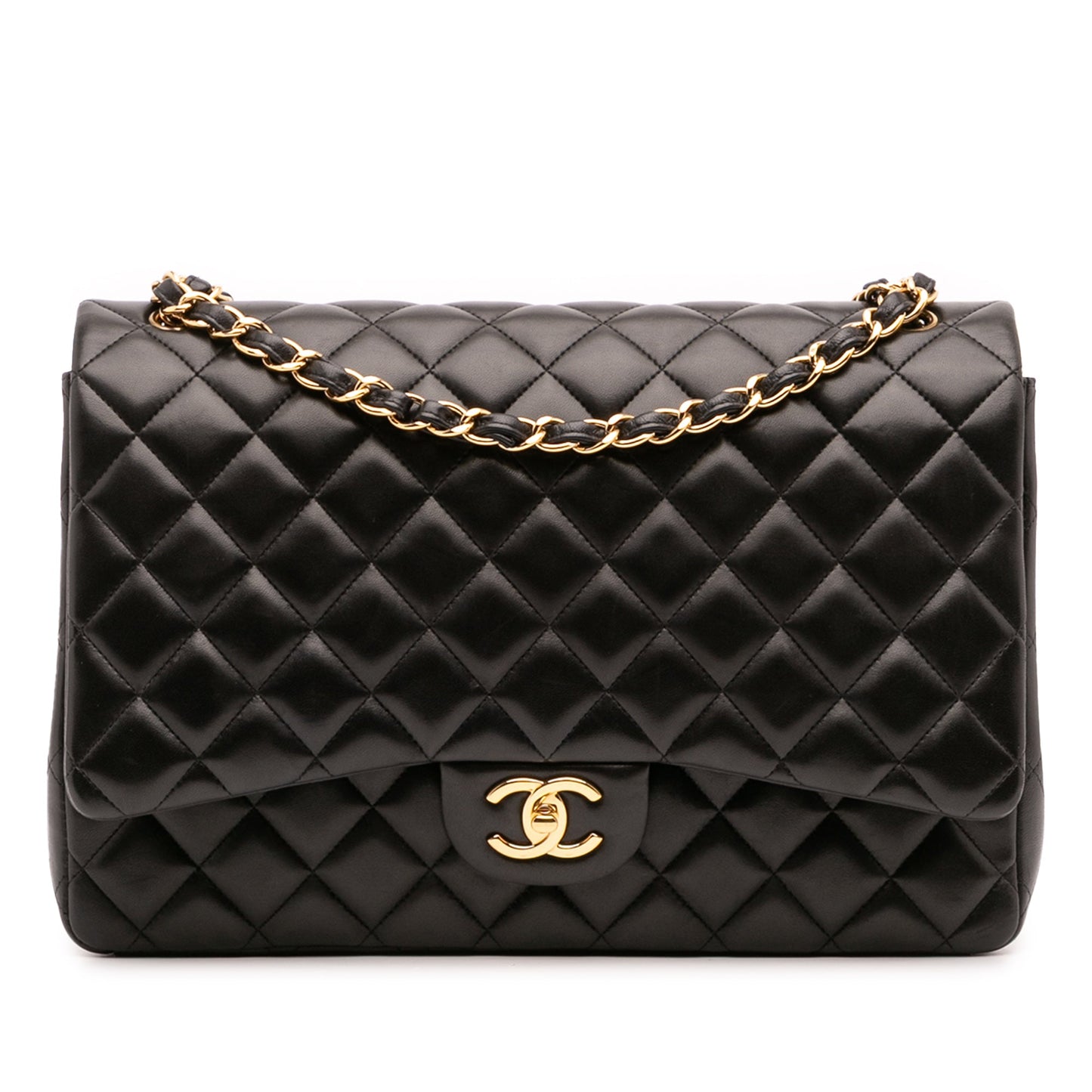 Second hand Chanel Classic Double Flap Maxi Lambskin Leather Chevron Shoulder Bag Black - Tabita Bags