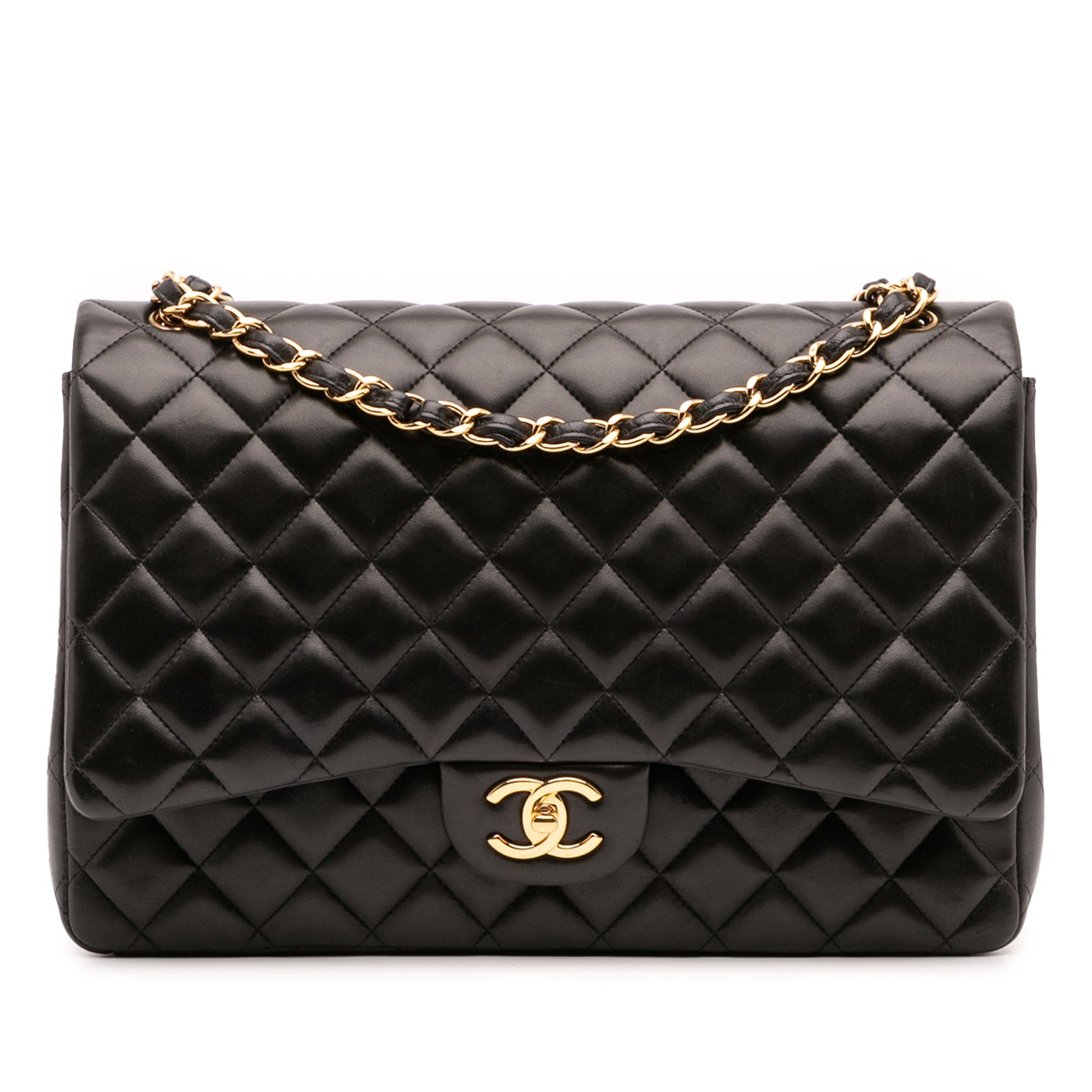 Second hand Chanel Classic Double Flap Maxi Lambskin Leather Chevron Shoulder Bag Black - Tabita Bags