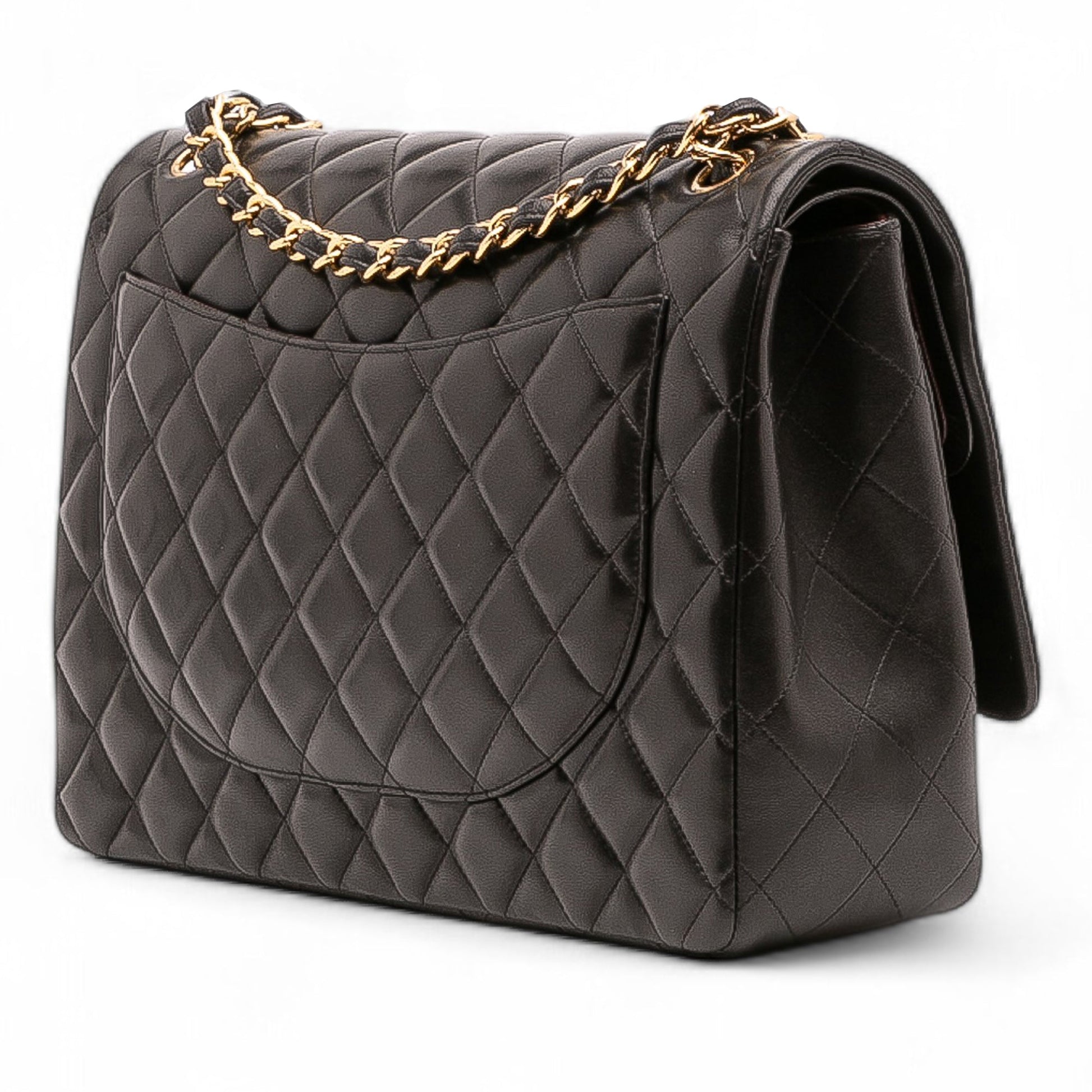 Second hand Chanel Classic Double Flap Maxi Lambskin Leather Chevron Shoulder Bag Black - Tabita Bags