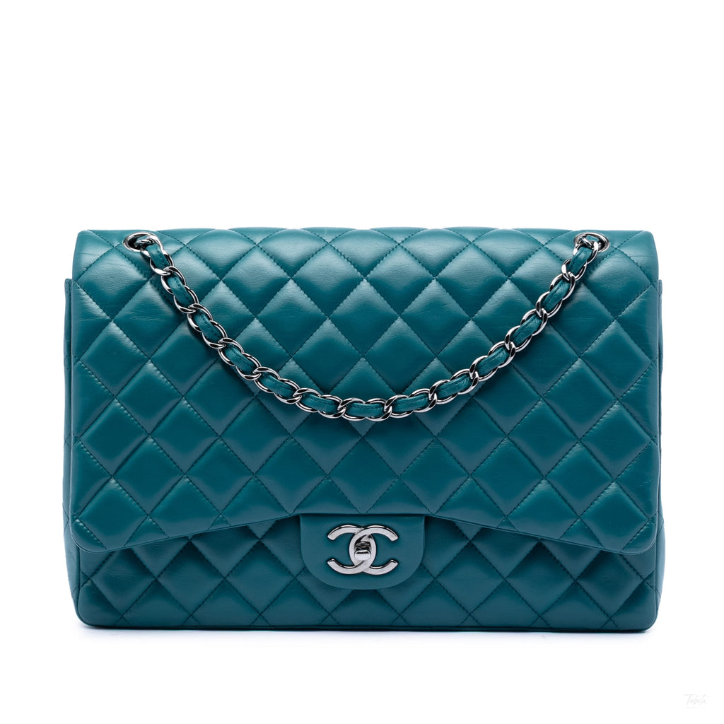 Second hand Chanel Classic Double Flap Maxi Lambskin Leather Chevron Shoulder Bag Blue - Tabita Bags