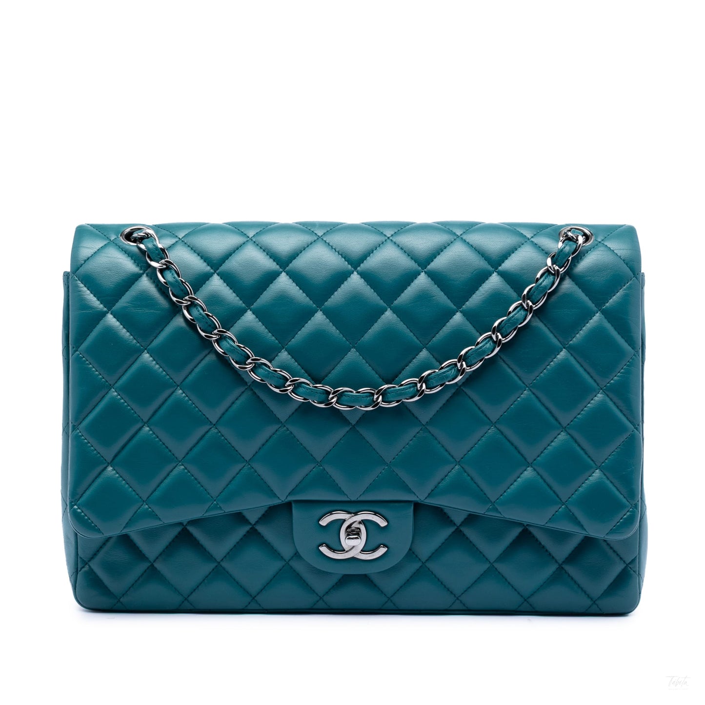 Second hand Chanel Classic Double Flap Maxi Lambskin Leather Chevron Shoulder Bag Blue - Tabita Bags