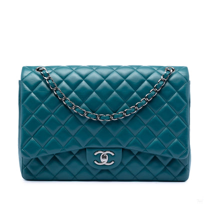 Second hand Chanel Classic Double Flap Maxi Lambskin Leather Chevron Shoulder Bag Blue - Tabita Bags