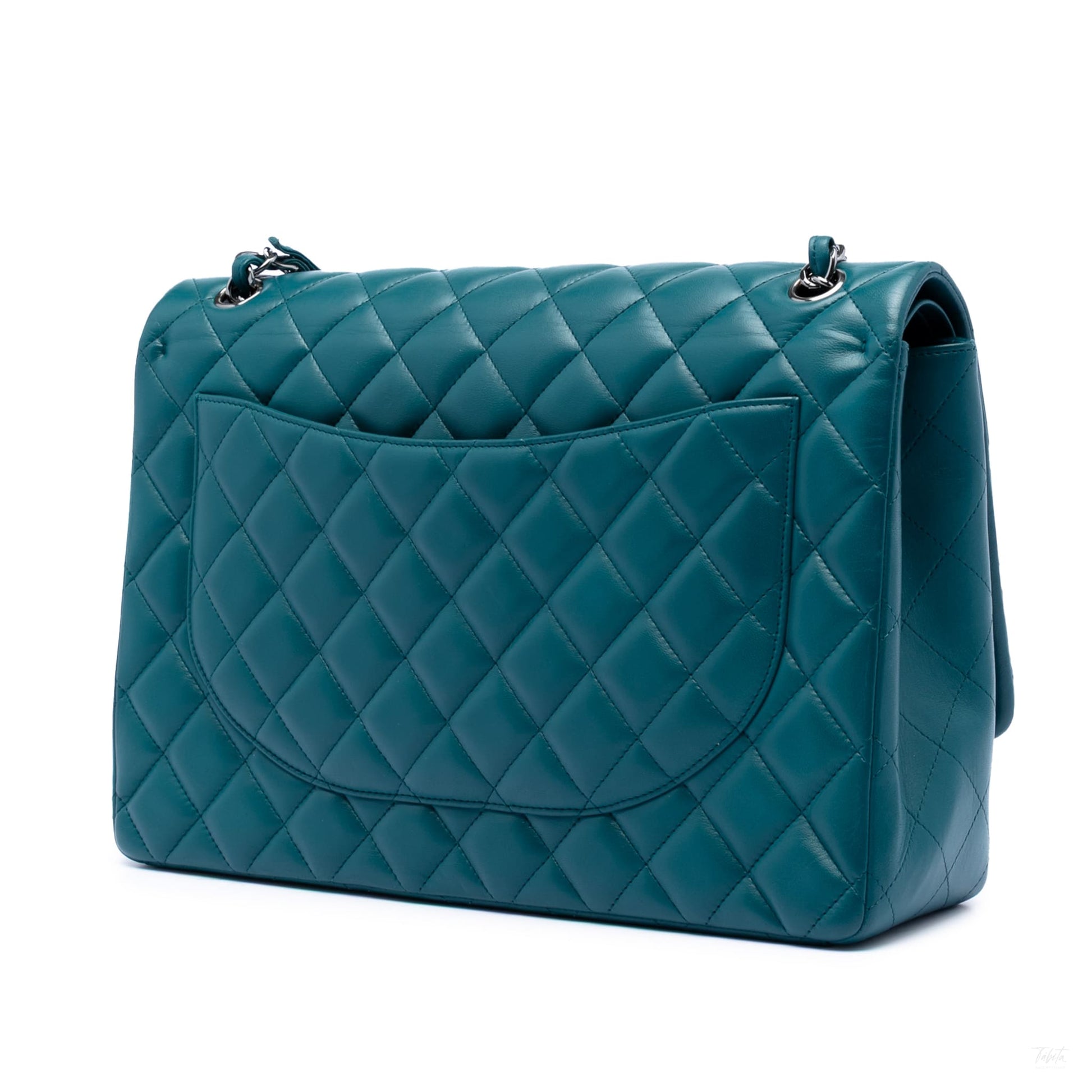 Second hand Chanel Classic Double Flap Maxi Lambskin Leather Chevron Shoulder Bag Blue - Tabita Bags