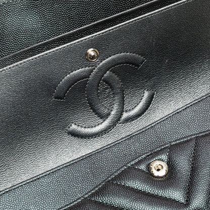 Second hand Chanel Classic Double Flap Medium Caviar Leather Chevron Shoulder Bag Black - Tabita Bags