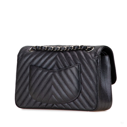 Second hand Chanel Classic Double Flap Medium Caviar Leather Chevron Shoulder Bag Black - Tabita Bags