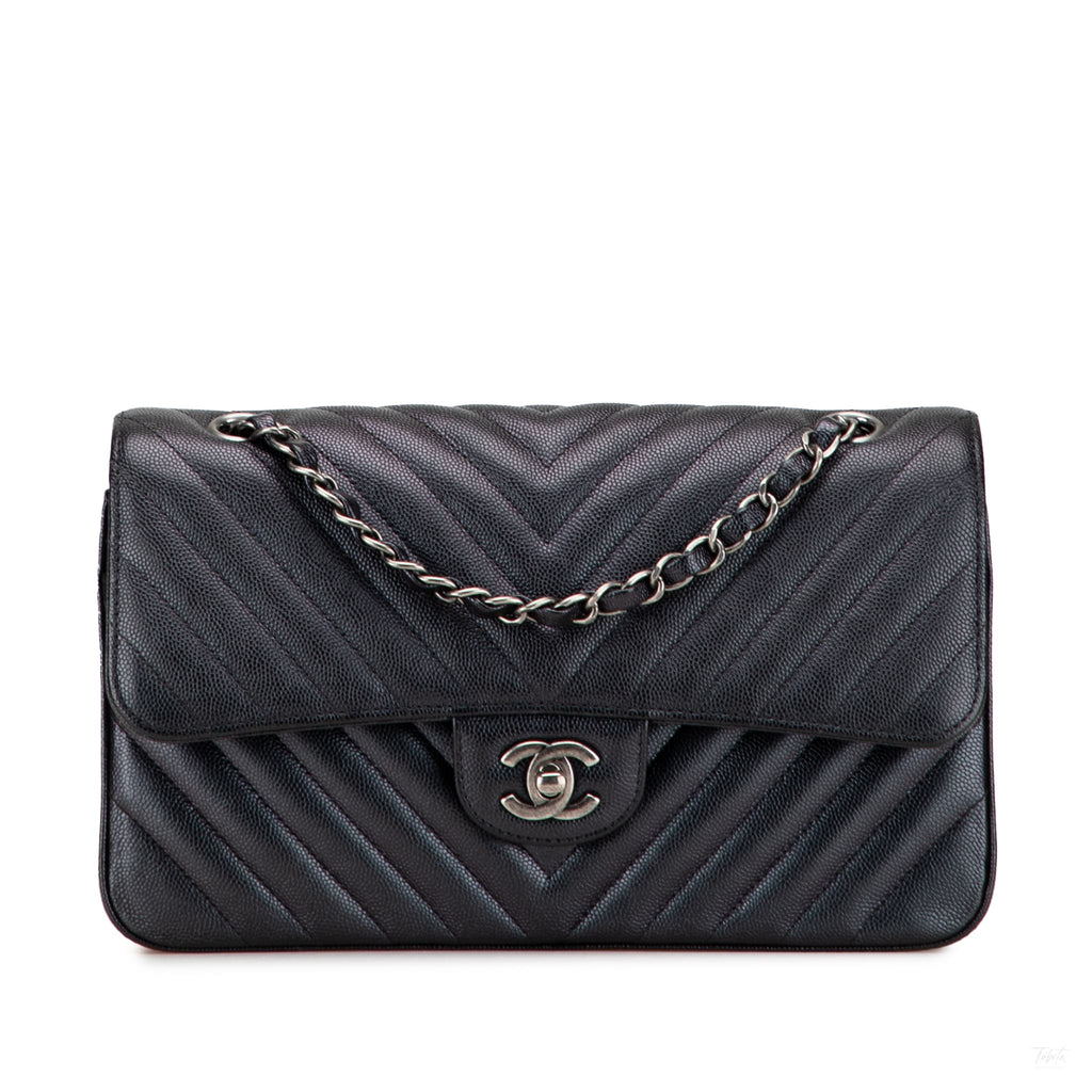Second hand Chanel Classic Double Flap Medium Caviar Leather Chevron Shoulder Bag Black - Tabita Bags