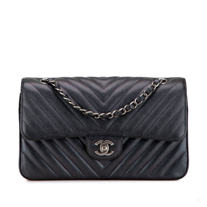 Second hand Chanel Classic Double Flap Medium Caviar Leather Chevron Shoulder Bag Black - Tabita Bags