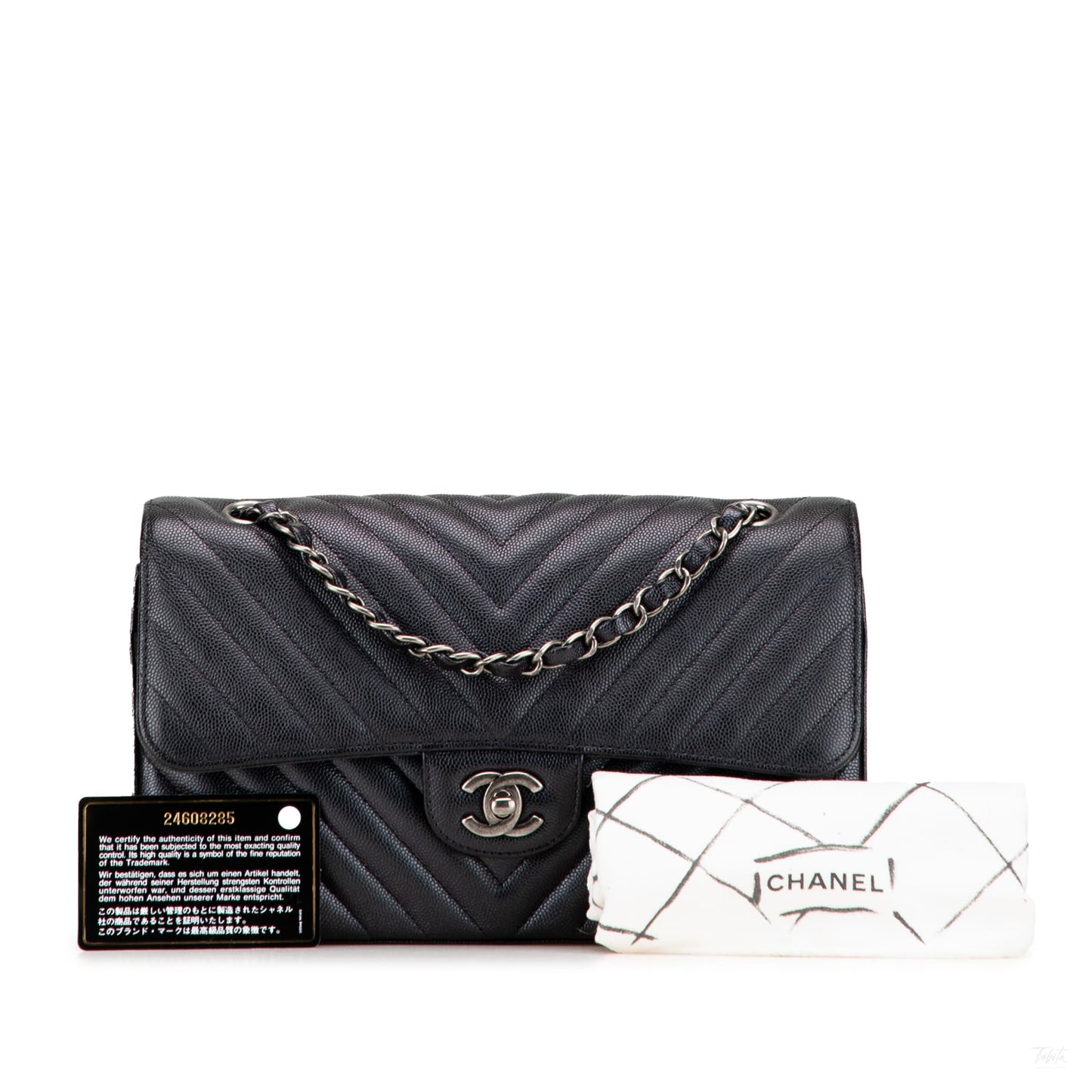 Second hand Chanel Classic Double Flap Medium Caviar Leather Chevron Shoulder Bag Black - Tabita Bags