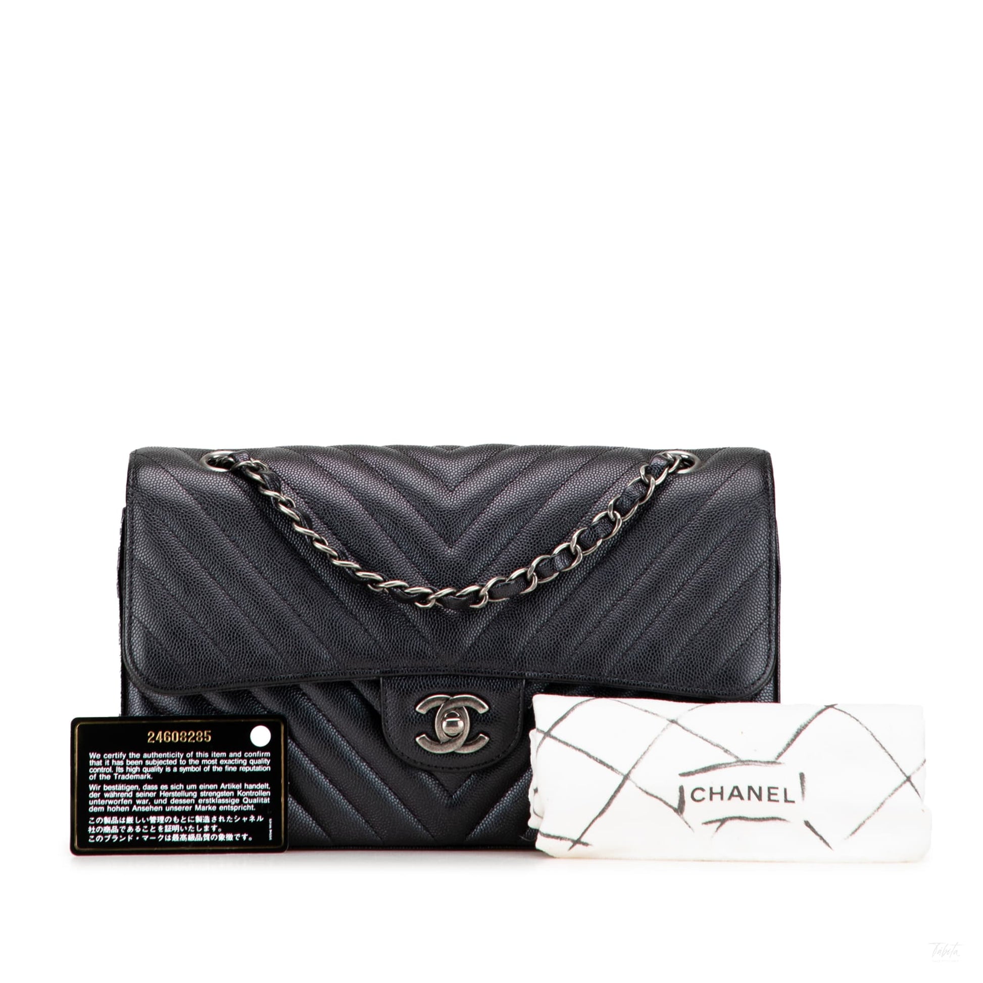 Second hand Chanel Classic Double Flap Medium Caviar Leather Chevron Shoulder Bag Black - Tabita Bags