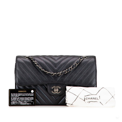 Second hand Chanel Classic Double Flap Medium Caviar Leather Chevron Shoulder Bag Black - Tabita Bags