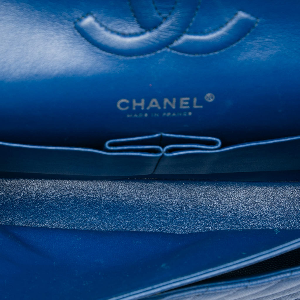 Second hand Chanel Classic Double Flap Medium Caviar Leather Chevron Shoulder Bag Blue - Tabita Bags