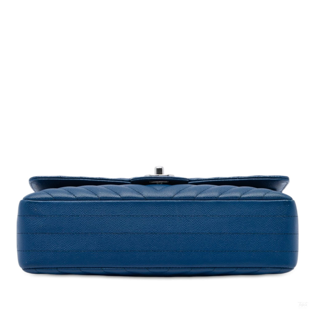 Second hand Chanel Classic Double Flap Medium Caviar Leather Chevron Shoulder Bag Blue - Tabita Bags