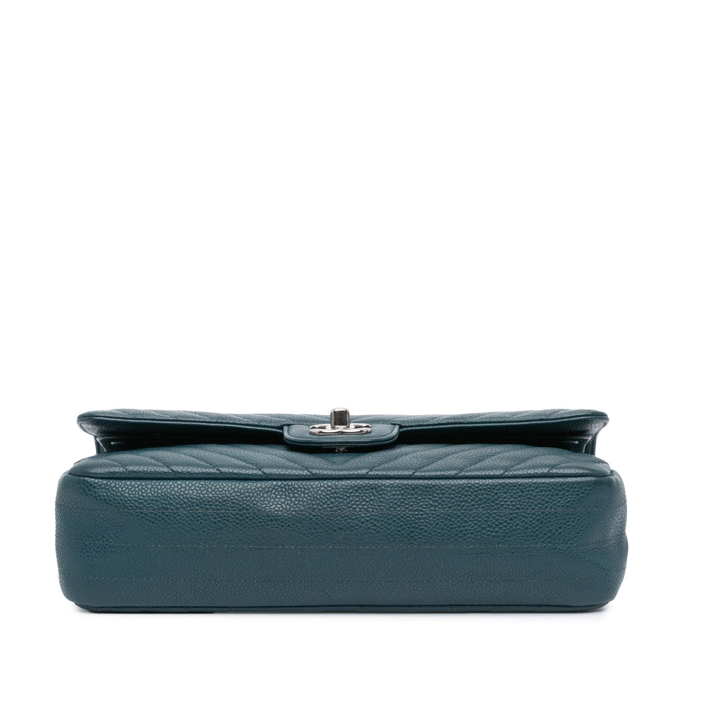 Second hand Chanel Classic Double Flap Medium Caviar Leather Chevron Shoulder Bag Blue - Tabita Bags