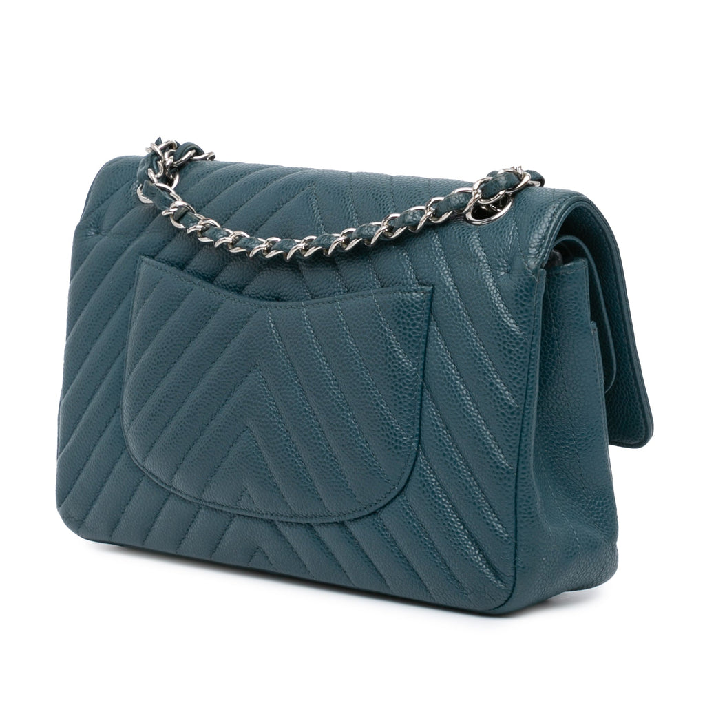 Second hand Chanel Classic Double Flap Medium Caviar Leather Chevron Shoulder Bag Blue - Tabita Bags