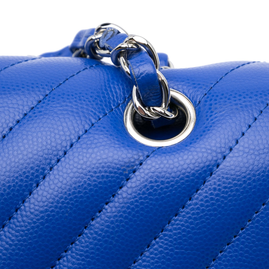 Second hand Chanel Classic Double Flap Medium Caviar Leather Chevron Shoulder Bag Blue - Tabita Bags