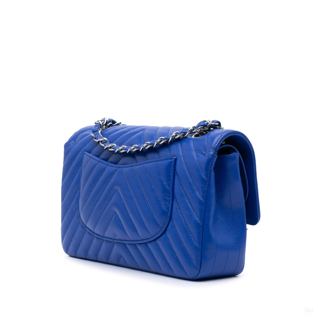 Second hand Chanel Classic Double Flap Medium Caviar Leather Chevron Shoulder Bag Blue - Tabita Bags