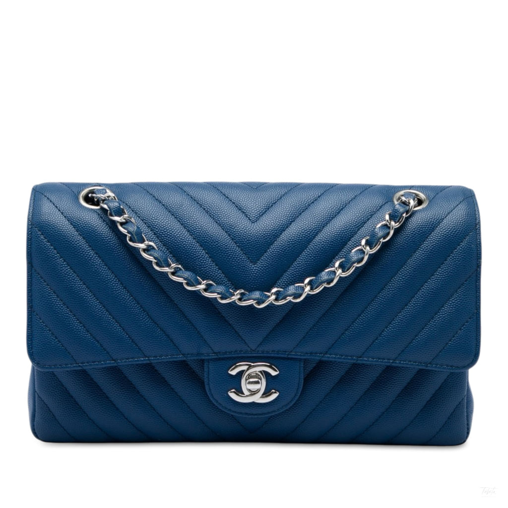 Second hand Chanel Classic Double Flap Medium Caviar Leather Chevron Shoulder Bag Blue - Tabita Bags