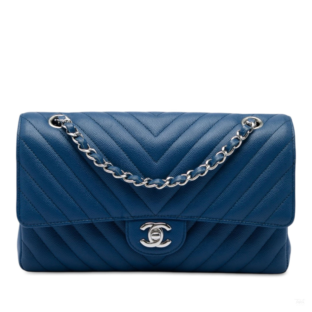 Second hand Chanel Classic Double Flap Medium Caviar Leather Chevron Shoulder Bag Blue - Tabita Bags