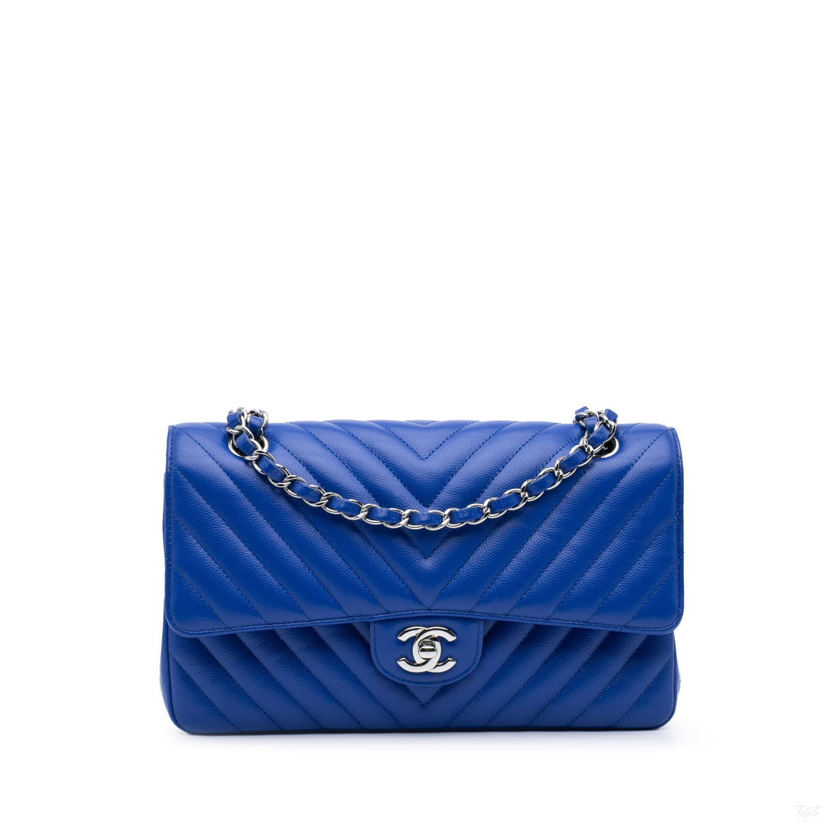 Second hand Chanel Classic Double Flap Medium Caviar Leather Chevron Shoulder Bag Blue - Tabita Bags