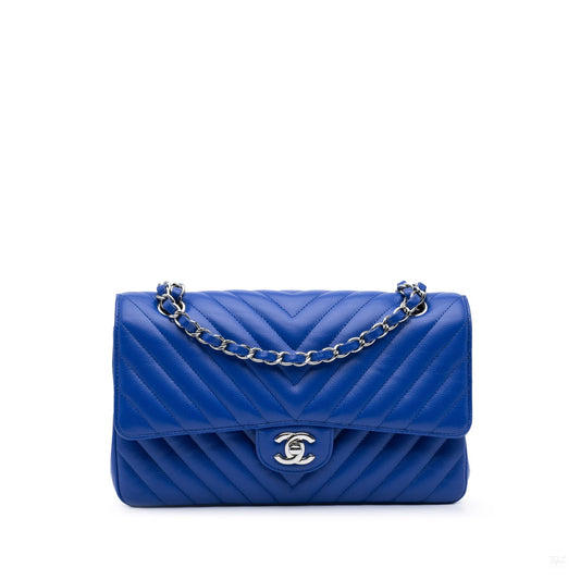 Second hand Chanel Classic Double Flap Medium Caviar Leather Chevron Shoulder Bag Blue - Tabita Bags