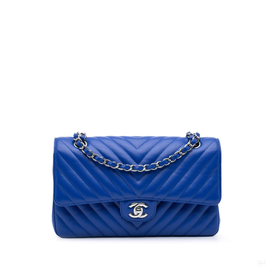 Second hand Chanel Classic Double Flap Medium Caviar Leather Chevron Shoulder Bag Blue - Tabita Bags