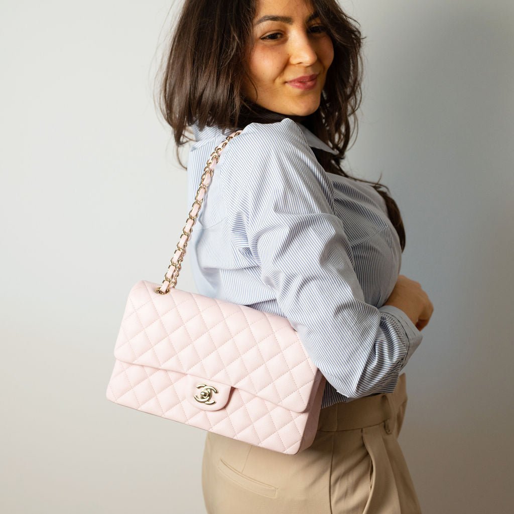 Second hand Chanel Classic Double Flap Medium Caviar Leather Matelassè Shoulder Bag 22P - Tabita Bags