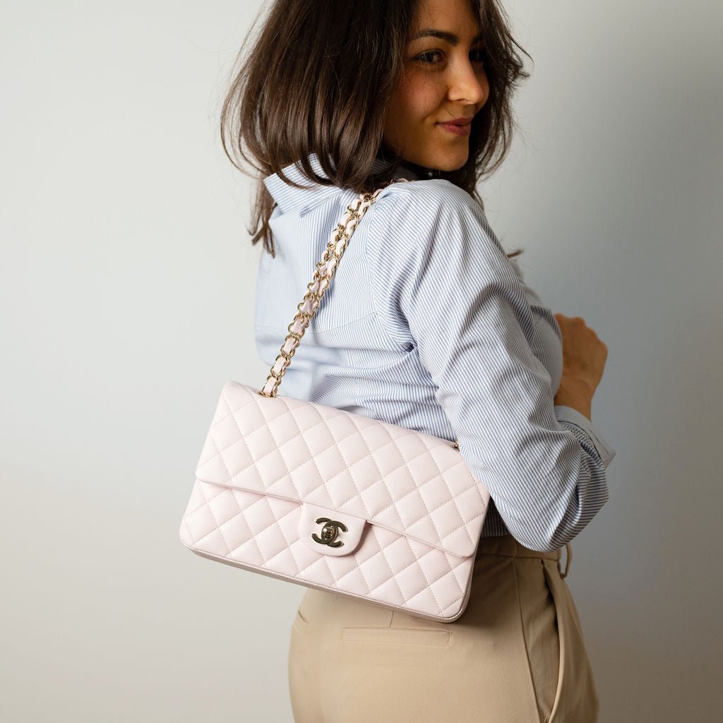 Second hand Chanel Classic Double Flap Medium Caviar Leather Matelassè Shoulder Bag 22S - Tabita Bags